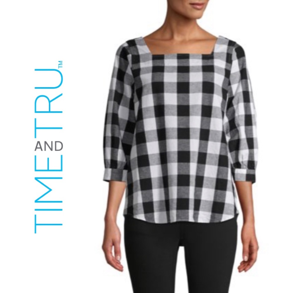 NWT Time and Tru Women's Square Neck Top in Black & White Gingham Size XXL USW